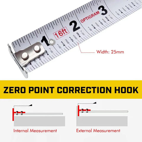 Retractable Stainless Steel Tape Measure With 1 Inch Blade, 16 Foot Dual Sided Tape With Zero Point Correction Hook Feature