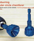 Two blue titanium-coated countersink chamfer tools with a drill adapter and separate countersink bit