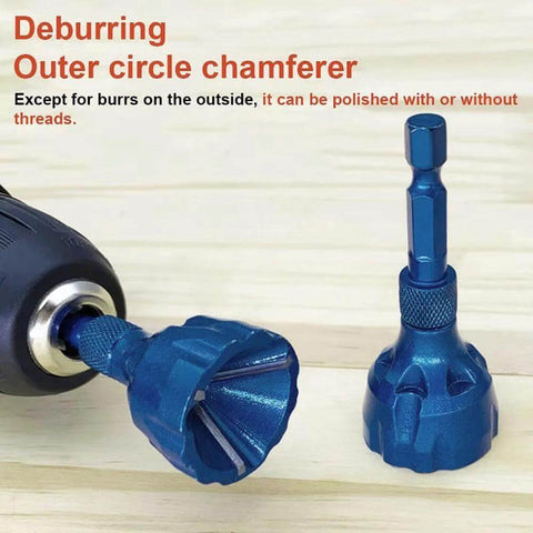 Two blue titanium-coated countersink chamfer tools with a drill adapter and separate countersink bit