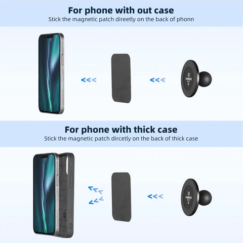Magnetic Car Phone Holder Base With 1 Inch Ball Head For RAM B Size Mounts showing attachment for case and no-case phones