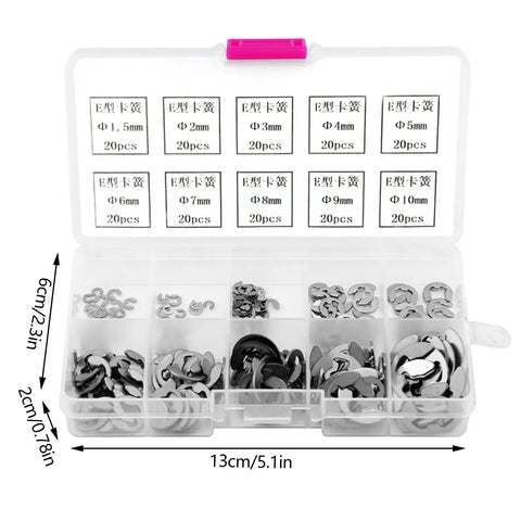E Clip Assortment Kit 200 Pieces Stainless Steel Retaining Rings M1.5 Through M10 For Axle Shaft Repair And Industrial Maintenance