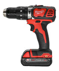 Compact Half Inch Hammer Drill Driver Kit With M18 Cordless Power shown with 1.5Ah battery, black and red design, side view