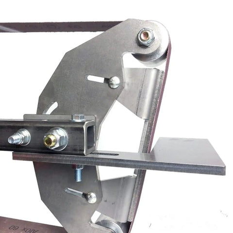 Total Game Changer Featuring This Badass Grinder Tool Rest And Thick Steel Holder That Stays Locked On 2x72 Belt Sanders To Dial In Sharpening Jigs Flawlessly, showing steel tool rest close-up.