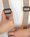 Built Tough Adjustable Safety Vest Straps With Big Bright Reflective Coating For Construction Sites And Weekend Rides No Hassle Custom Logo Setup Ansi Rated Durable Fire Engine Orange One Pack - close-up of adjustable buckle