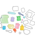 Silicone clear stamp and die set for card making and DIY embossing projects with colorful kitchen-themed TPR stamps and carbon steel dies.