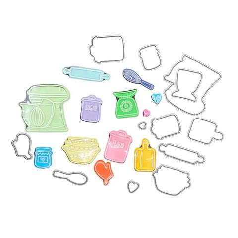Silicone clear stamp and die set for card making and DIY embossing projects with colorful kitchen-themed TPR stamps and carbon steel dies.