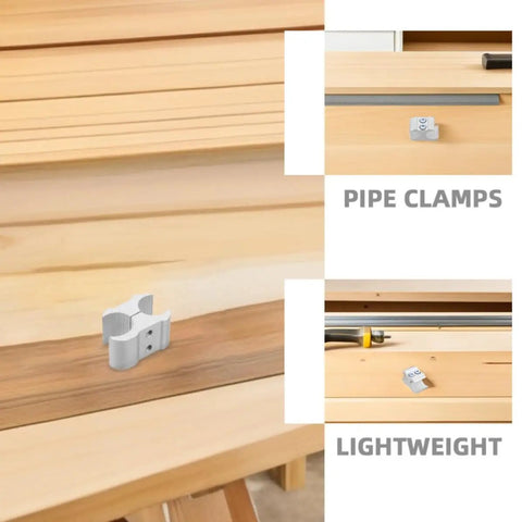 Tough as Nails Pipe Clamp Set for 19mm and 22mm Tubes with Locking Mechanism displayed on wooden surface.