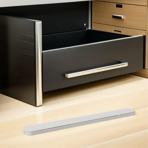 Open drawer with a white Bottom Mount Drawer Glide, showing Ball Bearing Construction for Kitchen and Office, silent and durable.