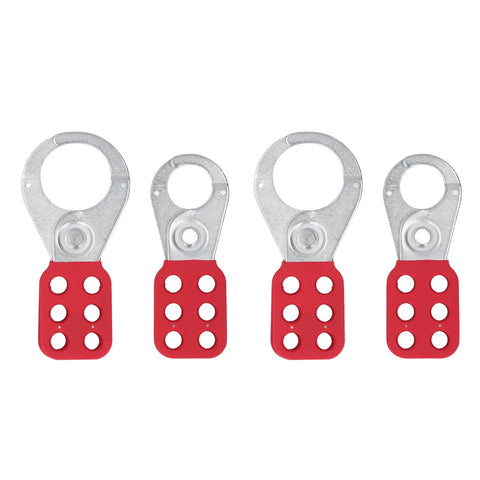Lockout Hasp With 6 Hole Design For Industrial Gear Galvanized Steel With Nylon PA Handle shown in multiple units