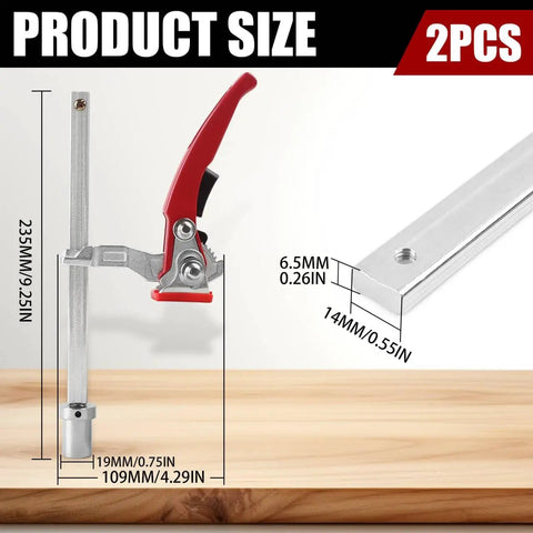 Side view of a Two Pack Quick Ratchet Bench Dog Clamps For Woodworking Hold Downs On MFT Tables And Workbenches Heavy Duty Clamps.