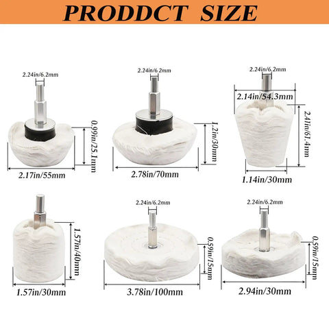 Six Piece Drill Buffing Wheel Kit With Multi Spec Aluminum Polishing Wheels and Pads showing product sizes and dimensions.