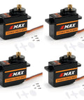 Pack of 4 ES08MA II 12g mini metal geared analog servos for RC cars and helicopters with screws and mounting horns visible