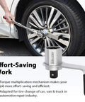 800 Nm Manual Torque Multiplier Tool With 3.4 To 1 Ratio in use on a car wheel for tire change, 1/2 to 3/4 inch drive visible