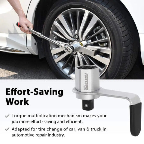 800 Nm Manual Torque Multiplier Tool With 3.4 To 1 Ratio in use on a car wheel for tire change, 1/2 to 3/4 inch drive visible