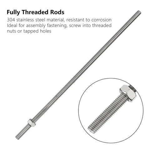 10 Pack M8 x 250mm Fully Threaded Stainless Steel Rods 304 Grade Right Hand Thread 1.25mm Pitch Long Threaded Screws for Anchor Bolts Hangers U Bolts Beefy Durability Corrosion Resistant, front view of single rod and close-up.