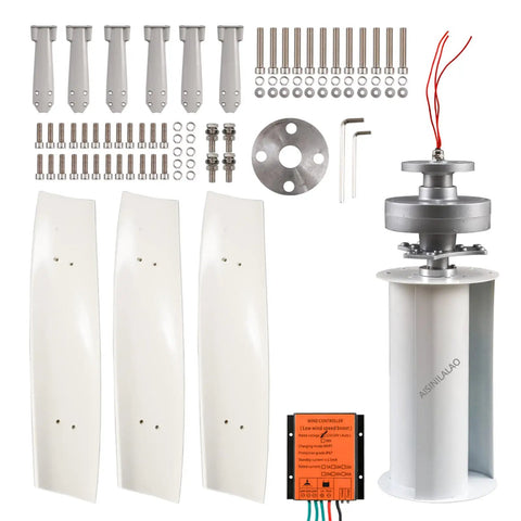 8000W Wind Power Turbine Generator with Maglev Rotor, spiral FRP blades, white housing, assembly parts, multi voltage use.