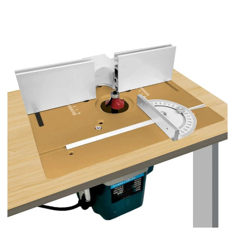 Premium Aluminum Router Table Insert Plate With Center Hole Bushing For Dead On Woodworking Trimmer Mounting And Hassle Free DIY Milling Flip Plate on a wooden work table.