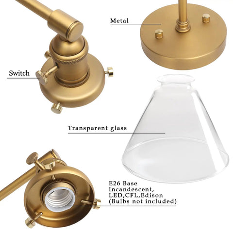 Antique Industrial Wall Sconce 1 Light With Cone Glass Shade Handblown, showing metal base and E26 socket