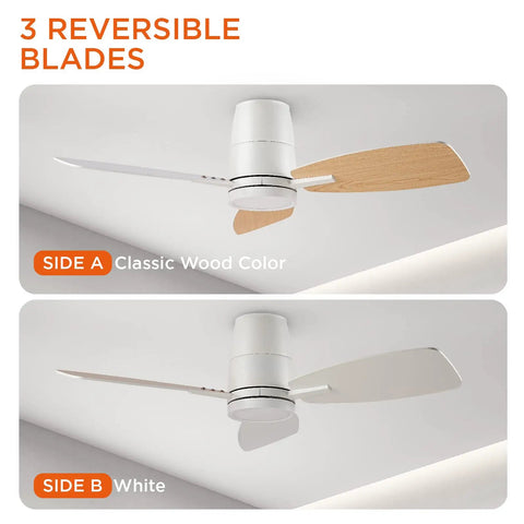 42 Inch Ceiling Fan With Lights And Remote Control, Quiet DC Motor, Double Faced Blades White On One Side Wood Grain On The Other