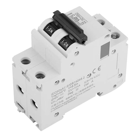2P Low Voltage DC Miniature Circuit Breaker For Solar Panel Grid Systems 25A, Fast Trip Protection, front view.
