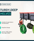Beefy Garage Wall Shelves 1x4 Ft Set Of 2 With 6 Hooks 400 Lb Total Capacity 200 Lb Per Shelf Powder Coated Steel For Easy Tool Organization And Hardcore Garage Storage mounted with bins and hanging gear