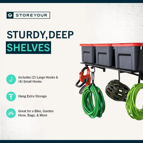 Beefy Garage Wall Shelves 1x4 Ft Set Of 2 With 6 Hooks 400 Lb Total Capacity 200 Lb Per Shelf Powder Coated Steel For Easy Tool Organization And Hardcore Garage Storage mounted with bins and hanging gear
