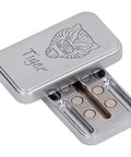Nifty Tiger Pattern Magnetic Slider Fidget Toy With Built In Rotating Bearing For Instant Anxiety Relief And Daily Stress Busting Pocket Play Sweet Metal Sensory Push Gadget To Chill Out While Commuting, showing a silver fidget toy with a tiger design.
