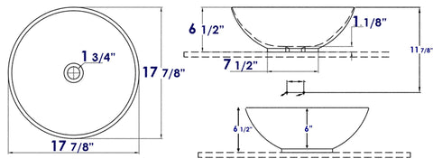 Dimensions of Round Ceramic Above Mount Bathroom Sink With No Overflow Center Drain BA351 Premium Porcelain Basin for Modern Bathrooms