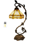 Tiffany Style Stained Glass Table Lamp With Yellow Hexagon Shade, 8 Inch Lampshade, 21 Inch Tall, Bronze Resin Base, UL Listed Reading Light