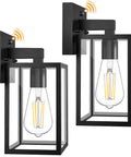 Two Pack Dusk To Dawn Outdoor Wall Lanterns With Automatic Sensor For Front Porch And Garage Waterproof Black Exterior Lights, showing black frame and sensor.