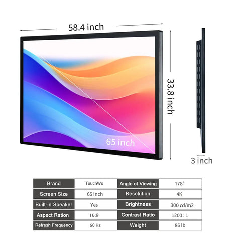 65 Inch 4K Interactive Touchscreen Monitor Smart Board Electronic Whiteboard Windows 11 Pro shown with dimensions and side view.