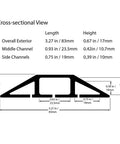 Cross-sectional view of Heavy Duty Floor Cable Cover Protector with three channels, dimensions, and specifications.