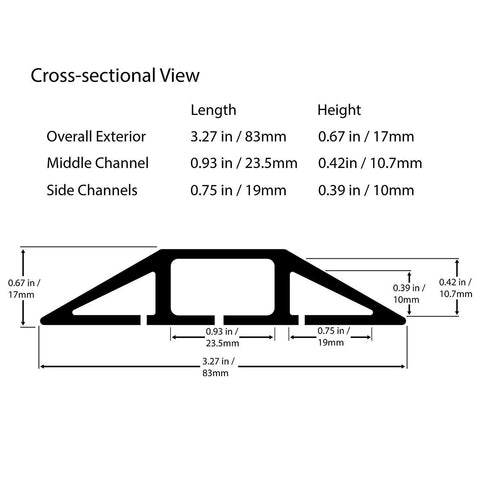 Cross-sectional view of Heavy Duty Floor Cable Cover Protector with three channels, dimensions, and specifications.