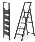 Five Step Home Ladder With 300 Lb Capacity And 46 Inch Top Step, Stable No Wobble Design With Side And Back Braces, Slim Fold For Easy Storage, Compact Black Indoor Utility Ladder folded and open view