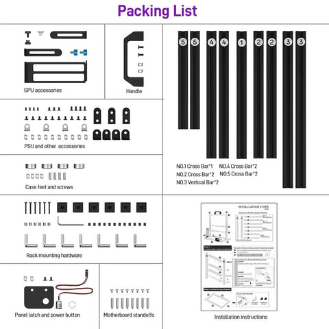 Open Air Aluminum PC Test Bench Case accessories including GPU mounts, screws, handle, and installation instructions.