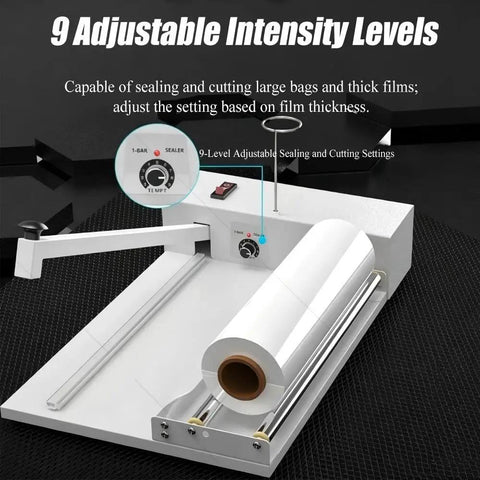 Heavy Duty Shrink Wrap Machine Sealer For POF And PVC Film With Heat Gun And 9 Temp Levels showing adjustable intensity levels.