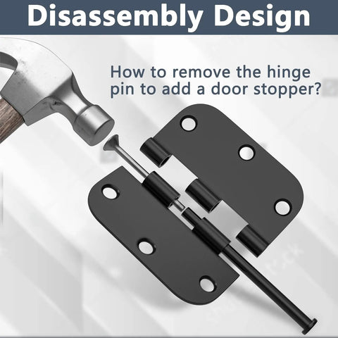 30 Pack Matte Black Door Hinges 3.5 X 3.5 Inches With 5/8 Radius, disassembly design illustration with hinge pin removal