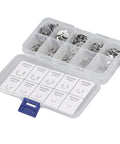 200Pcs E Clip Retaining Ring Kit With Storage Box In High Carbon Steel, showing organized compartments with various snap ring sizes