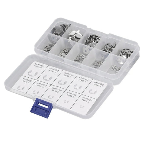 200Pcs Stainless Steel External Retaining E Clip Kit For Bearings Pulleys Gears And Shafts in organizer box