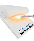White ceramic fiber insulation blanket roll, 24x16x1 in, 2700°F rated, being heated with a torch.