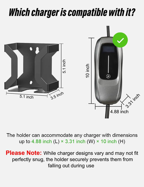 Image showing No Sweat Heavy Duty Wall Mount J Hook Stand For J1772 EV Chargers with dimensions for compatible chargers.