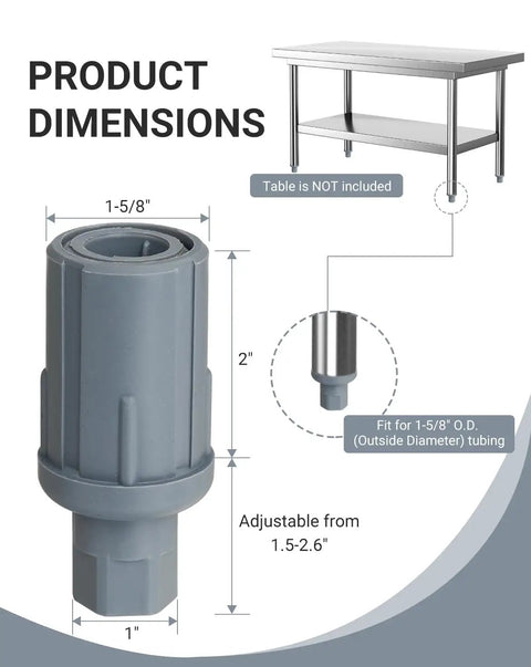 Beefed-Up Adjustable Bullet Feet For 1-5/8 Inch Tubing Heavy-Duty Leg Levelers dimensions and fitting guide, plastic construction