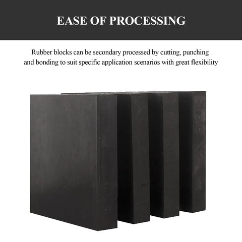 Heavy Duty Rubber Dampening Block Set 4 Piece Shock Absorbing Pads For Heavy Equipment 100x100x8mm 100x100x12mm 100x100x15mm Vibration Isolation And Noise Reduction For Indoor And Outdoor Use. 4 black rubber blocks shown for cutting and bonding