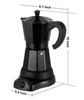 Electric Moka Pot 6 Cup Coffee Maker For Quick Espresso At Home No Stove Needed Italian Style Espresso Machine Portable Aluminum Moka Pot For Ground Coffee Easy Brew No Fuss Coffee Pot, black aluminum with dimensions.