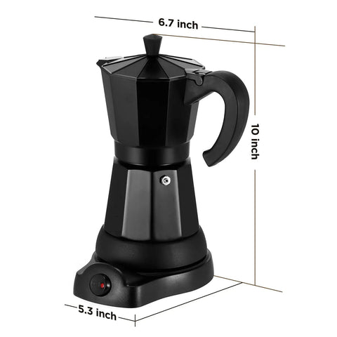 Electric Moka Pot 6 Cup Coffee Maker For Quick Espresso At Home No Stove Needed Italian Style Espresso Machine Portable Aluminum Moka Pot For Ground Coffee Easy Brew No Fuss Coffee Pot, black aluminum with dimensions.