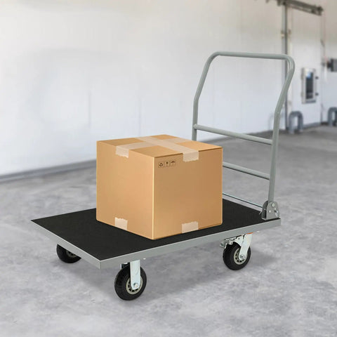 Beefy Heavy Duty Steel Platform Cart With 2200 Lbs Capacity Foldable Flat Dolly For Warehouse Garage And Workshop Use With Four Wheels And Two Brakes Featuring Rust Resistant Steel Frame And Durable Coating, loaded with box