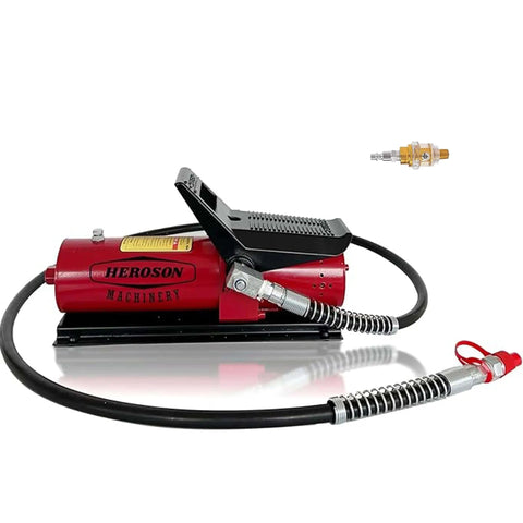 Side view of Beefy Heavy Duty High Pressure Pneumatic Foot Operated Hydraulic Pump 10000 PSI Output 0.7L Reservoir with hose attachment