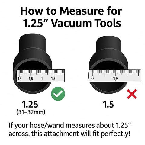 Diagram showing how to measure 1.25 inch vacuum tools, highlighting 32mm fitting for Deluxe Horsehair Brush Attachment Top Notch For Vacuum Cleaners, Scratch Free Hardwood Floor Tile Vinyl Polished Stone Cleaning, Wet Dry And Central Vacuum System Parts, 32mm Standard Size, Black 10 Inch.
