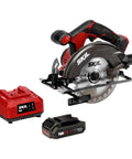 20V Cordless Circular Saw With 6 1/2 Inch Carbide Tip Blade Includes 2 Ah Lithium Battery And Smart Charger in red and black, ideal for woodworking.