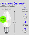 C7 LED bulb E12 base with specifications; 0.6W, 7W equivalent, 30 lumens, 13.7 years lifetime.